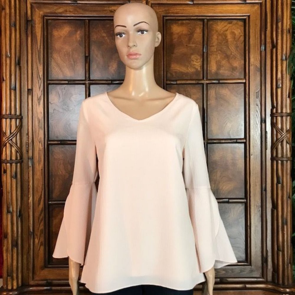 H by Halston Pearl Pink Crinkle Chiffon Tulip Bell Sleeve Blouse